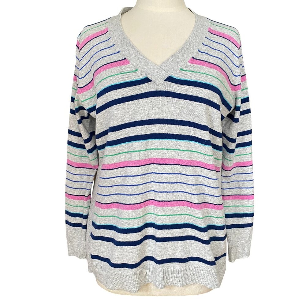 Gap Factory Multi-Color Striped V-Neck Sweater Gray Preppy Lightweight Preppy-L